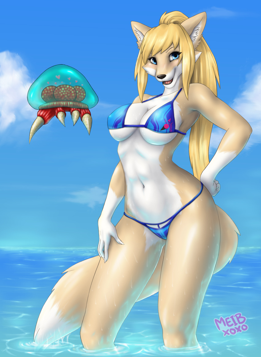 absurd_res alien alternate_species animal_humanoid anthro anthrofied beach bikini blonde_hair breasts canid canid_humanoid canine canine_humanoid cleavage clothed clothing dripping duo fangs female feral fox fox_humanoid fur furrification hair hand_on_hip hi_res humanoid looking_at_viewer mammal mammal_humanoid meibeu metroid metroid_(species) micro_bikini navel nintendo open_mouth ponytail samus_aran seaside skimpy smile solo string_bikini swimwear thigh_gap touching_thigh video_games wet yellow_body yellow_fur zero_suit