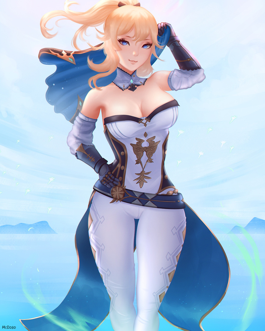 1girl bare_shoulders blonde_hair blue_eyes breasts cleavage coattails detached_sleeves gauntlets genshin_impact hair_between_eyes hand_on_hip highres jean_gunnhildr large_breasts long_hair looking_at_viewer mcdobo outdoors pants ponytail smile solo standing tight tight_pants water white_pants