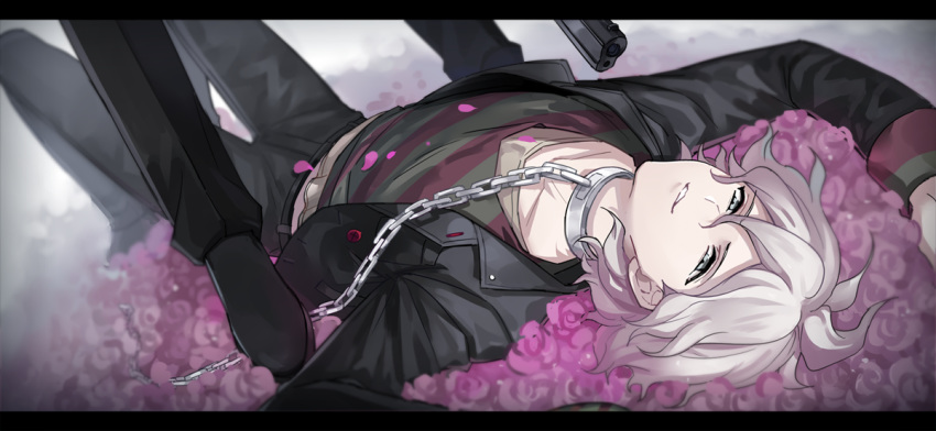 1boy bangs black_jacket black_pants chain chained collar collarbone danganronpa field flower flower_field grey_eyes grin gun holding jacket komaeda_nagito letterboxed long_sleeves looking_at_viewer lying male_focus on_back pants pink_flower shirt smile solo_focus standing teeth unagi_(515816703) weapon white_hair zettai_zetsubou_shoujo