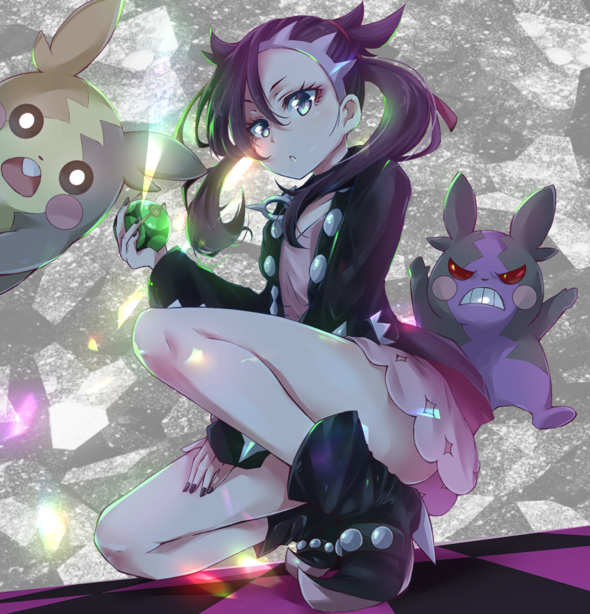 1girl asymmetrical_bangs bangs black_footwear black_hair black_jacket black_nails boots commentary dress dusk_ball floating_hair gen_8_pokemon hair_ribbon highres holding holding_poke_ball jacket long_sleeves looking_at_viewer marnie_(pokemon) morpeko morpeko_(full) morpeko_(hangry) nail_polish pink_dress poke_ball pokemon pokemon_(creature) pokemon_(game) pokemon_swsh red_ribbon ribbon sisyamo0505 squatting