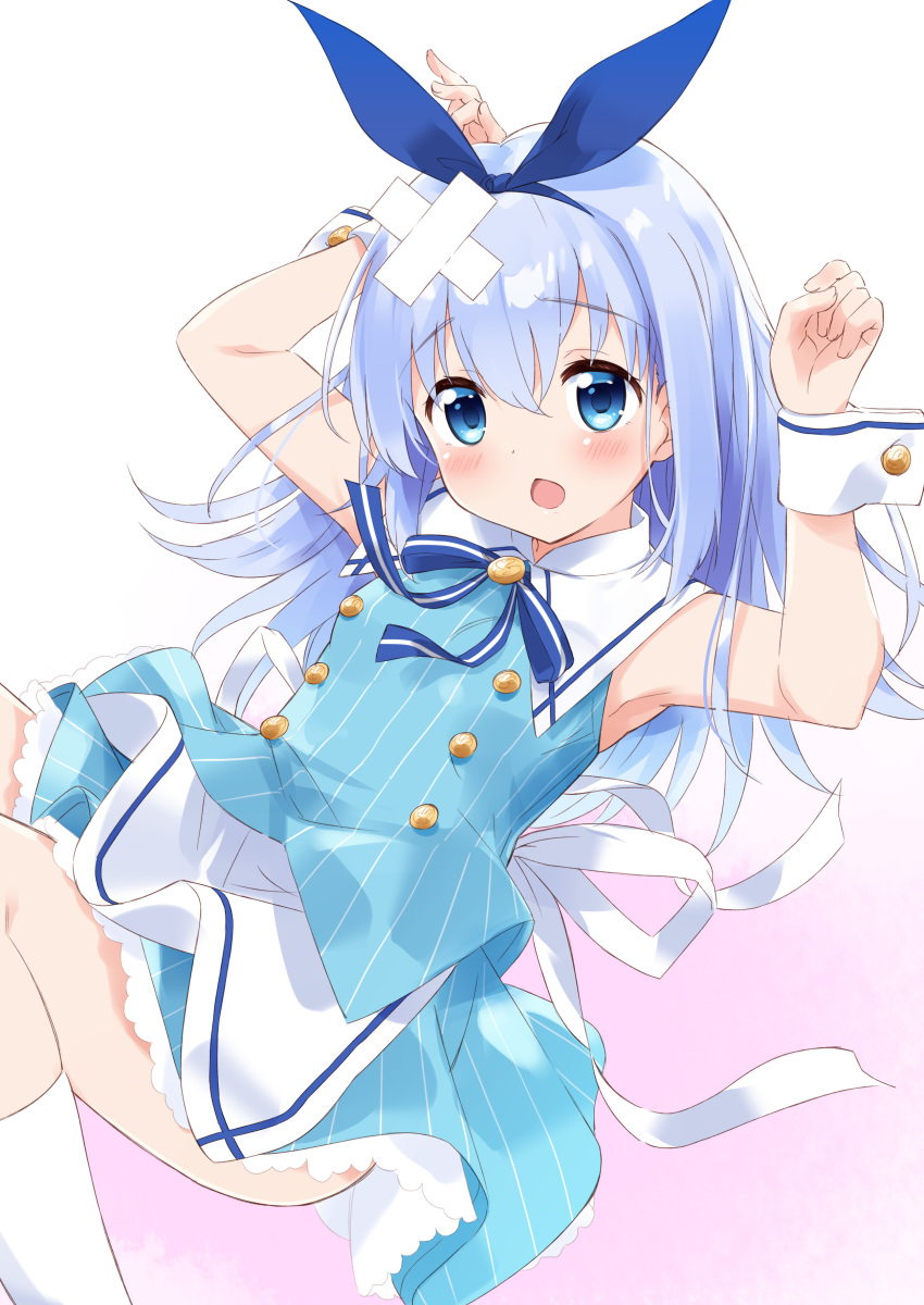 1girl absurdres apron arms_up bangs blue_bow blue_eyes blue_hair blue_ribbon blue_shirt blue_skirt blush bow chestnut_mouth commentary_request crossed_bandaids eyebrows_visible_through_hair feet_out_of_frame gochuumon_wa_usagi_desu_ka? gradient gradient_background hair_between_eyes hair_ribbon highres kafuu_chino long_hair mousou_(mousou_temporary) open_mouth pink_background ribbon shirt skirt socks solo striped striped_shirt vertical-striped_shirt vertical-striped_skirt vertical_stripes very_long_hair waist_apron white_apron white_background white_legwear wrist_cuffs