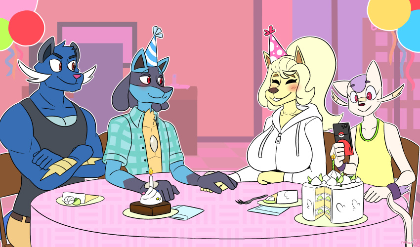 absurd_res anthro anthrofied balloon big_breasts bill_mathias birthday birthday_cake black_body black_fur blonde_hair blue_body blue_fur blush breasts cake candle canid canine clothed clothing cyan_caldwell erin_bennett eyes_closed facial_hair female food fur group hair hambor12 hand_holding hat headgear headwear hi_res hoodie looking_at_another lucario male mammal marine mienshao muscular mustache mustelid ninetales nintendo party_hat phone pok&eacute;mon pok&eacute;mon_(species) purple_body purple_fur red_eyes romantic_couple rose_lansing samurott shirt smile tank_top topwear video_games yellow_body yellow_fur