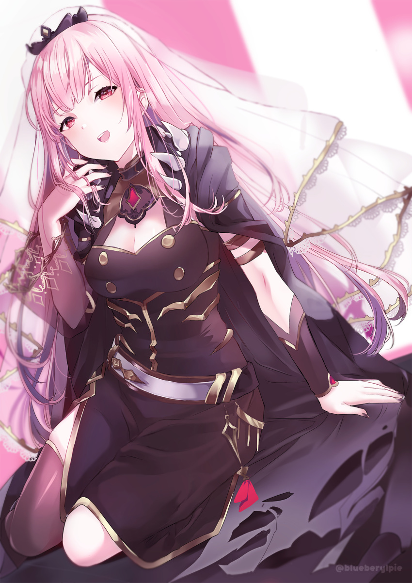 1girl :d arm_support beryl_(blueberylpie) black_cape black_legwear black_nails breasts cape fingernails hair_tousle highres hololive hololive_english long_hair looking_at_viewer medium_breasts mori_calliope open_mouth pink_eyes pink_hair shoulder_spikes single_thighhigh sitting smile solo spikes thighhighs twitter_username upper_teeth veil wide_sleeves yokozuwari