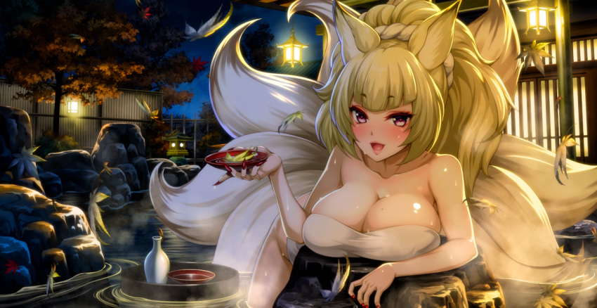 1girl animal_ears architecture autumn_leaves bathing blonde_hair blush breasts building choko_(cup) cleavage cup east_asian_architecture fox_ears fox_tail kayou_(sennen_sensou_aigis) large_breasts long_hair looking_at_viewer mole mole_on_breast multiple_tails naked_towel night onsen open_mouth outdoors partially_submerged red_eyes rock sennen_sensou_aigis solo tail tokkuri torigoe_takumi towel water white_towel