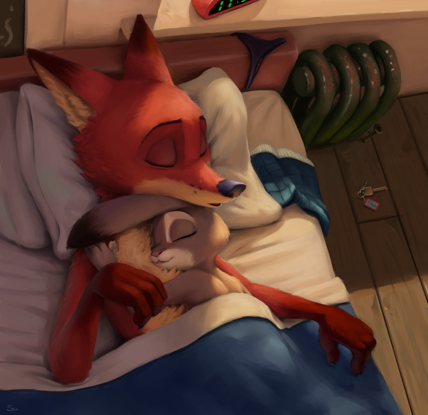 anthro bed canid canine clothing disney duo female fox furniture hi_res judy_hopps keys lagomorph leporid male male/female mammal morning nick_wilde nude rabbit s1m sleeping thong underwear zootopia