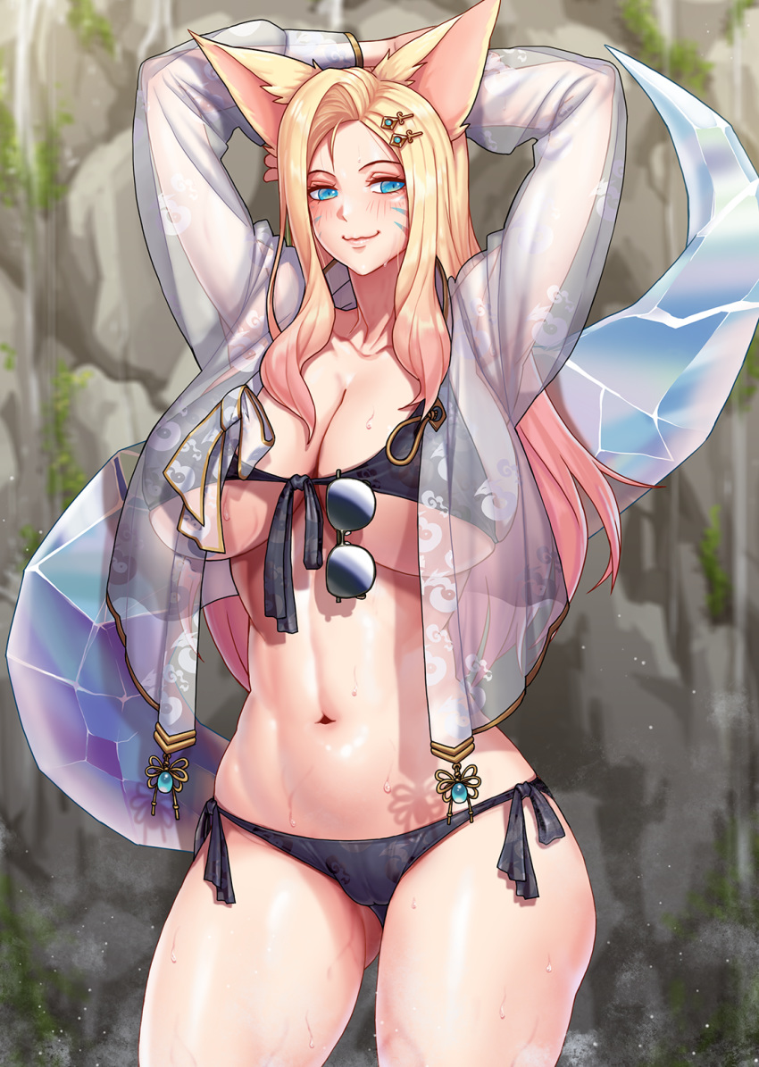 1girl abs ahri animal_ears aqua_eyes armpits arms_behind_head arms_up bangs bikini black_bikini blonde_hair blush breasts cleavage collarbone commentary cowboy_shot eyewear_hang eyewear_removed facial_mark fox_ears fox_tail front-tie_bikini front-tie_top gonster gradient_hair groin hair_ornament hairclip highres k/da_(league_of_legends) k/da_ahri large_breasts league_of_legends long_hair long_sleeves looking_at_viewer midriff multicolored_hair navel parted_bangs purple_hair see-through sheer_clothes side-tie_bikini sidelocks skindentation smile solo standing sunglasses swimsuit tail underboob wet whisker_markings