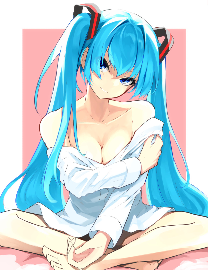 1girl absurdres bangs barefoot black_panties blue_eyes blue_hair border breasts cleavage closed_mouth clothes_down collarbone dress_shirt hair_between_eyes hair_ornament hatsune_miku head_tilt highres indian_style long_hair looking_at_viewer medium_breasts off_shoulder onkyi outside_border panties pink_background shirt sitting sketch smile solo twintails underwear very_long_hair vocaloid white_border white_shirt