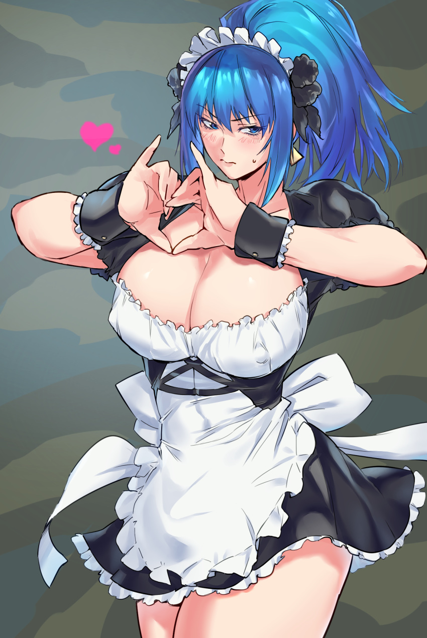 1girl alternate_costume apron black_dress blue_eyes blue_hair blush breasts cleavage covered_nipples dress earrings enmaided frilled_dress frills heart heart_hands highres huge_breasts jewelry leona_heidern maid maid_apron maid_dress maid_headdress medium_hair negresco ponytail short_dress short_sleeves simple_background snk_heroines:_tag_team_frenzy solo the_king_of_fighters triangle_earrings wrist_cuffs