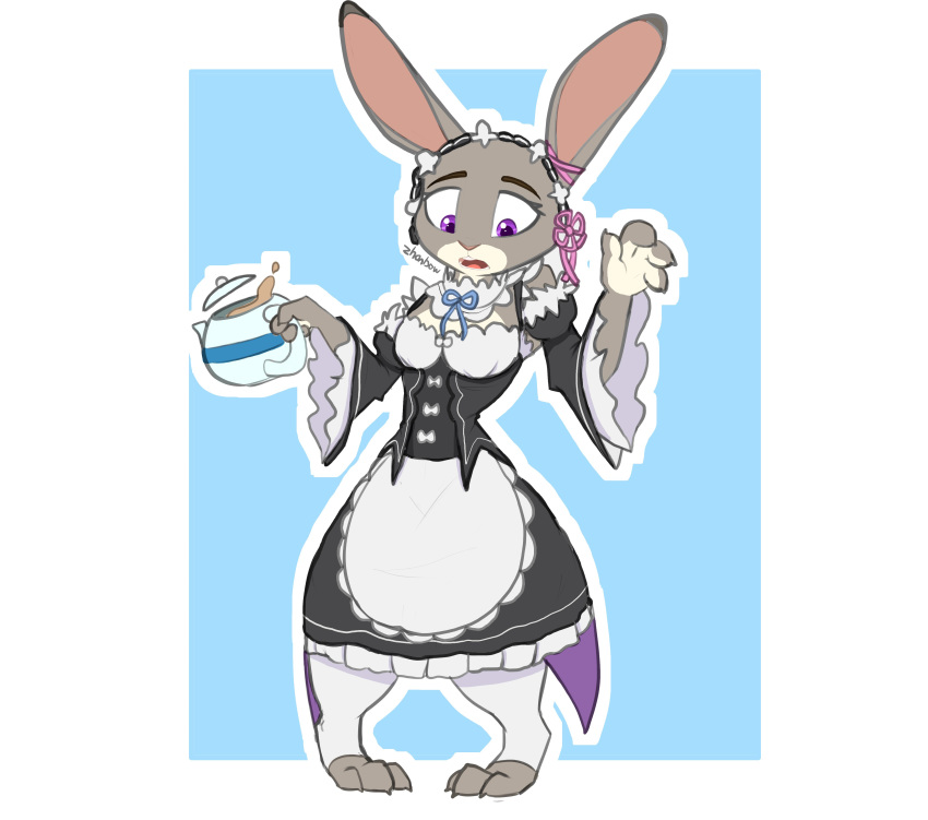 2020 absurd_res anthro avoid_posting blue_background clothed clothing cosplay disney female fully_clothed fur grey_body grey_fur hi_res holding_object judy_hopps lagomorph leporid maid_uniform mammal open_mouth purple_eyes rabbit re:zero rem_(re:zero) simple_background solo standing teapot uniform white_background zhan zootopia
