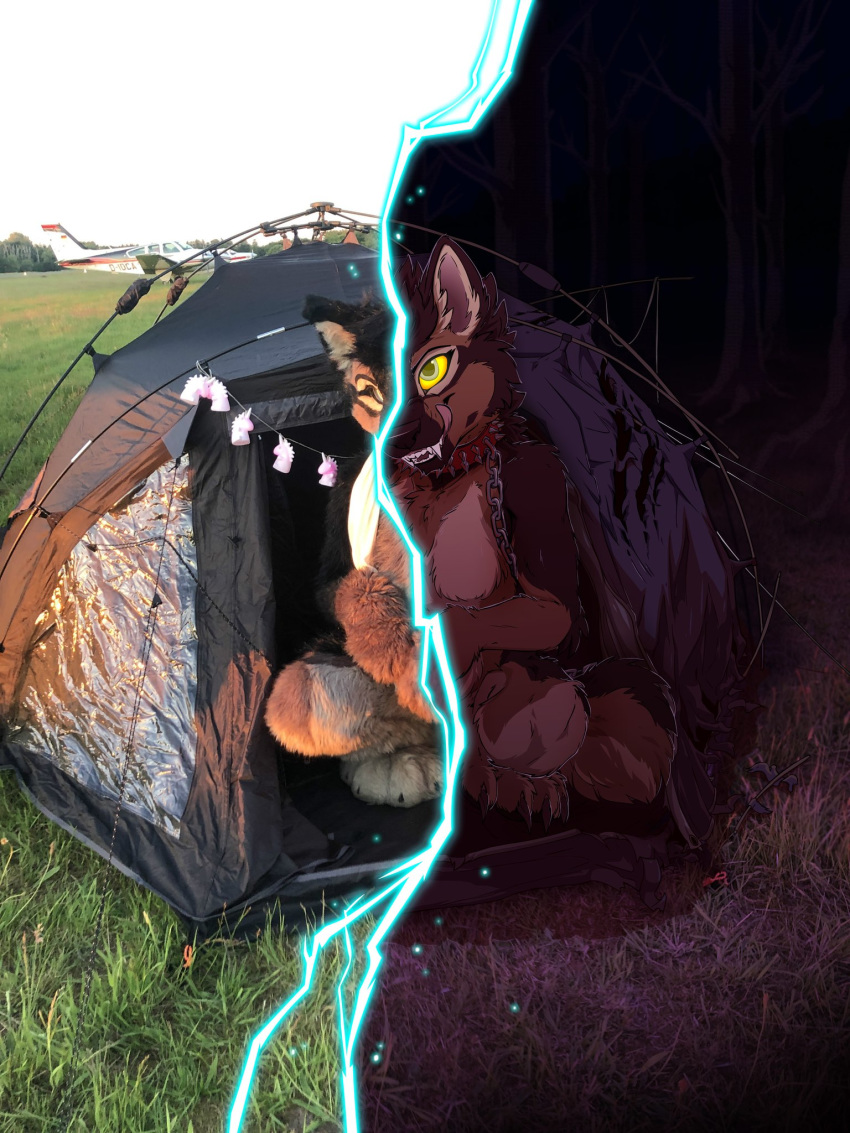 2020 3:4 4_toes aircraft airplane anthro breasts canid canine canis chain claws collar detailed_background digital_media_(artwork) domestic_dog fangs female forest fursuiter fursuiting german_shepherd grass green_eyes herding_dog hi_res licking licking_lips licking_own_lips lightning mammal night outside pastoral_dog paws self_lick smile solo teeth tent tirrel toes tongue tongue_out tree yellow_sclera