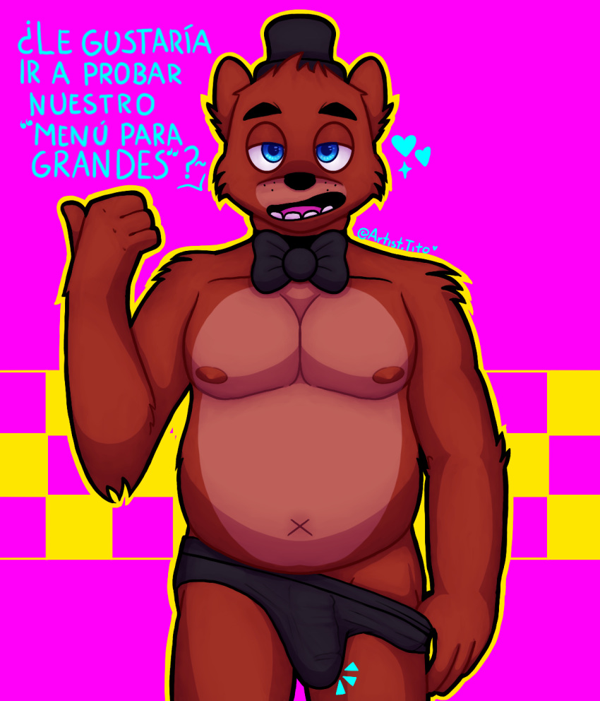 &lt;3 2020 4_fingers anthro artisttito black_clothing black_underwear bow brown_body brown_fur brown_nipples bulge clothed clothing digital_drawing_(artwork) digital_media_(artwork) erection erection_pushing_underwear erection_under_clothing fingers five_nights_at_freddy's freddy_(fnaf) fur genitals half-closed_eyes hat headgear headwear hi_res humanoid_genitalia humanoid_penis looking_at_viewer male mammal musclegut muscular muscular_anthro muscular_male narrowed_eyes nipples nude open_mouth overweight overweight_anthro overweight_male partially_clothed penis pink_background pink_tongue seductive simple_background slightly_chubby smile solo spanish_text suggestive tan_body tan_fur text tongue topless translated underwear underwear_down underwear_pull ursid video_games