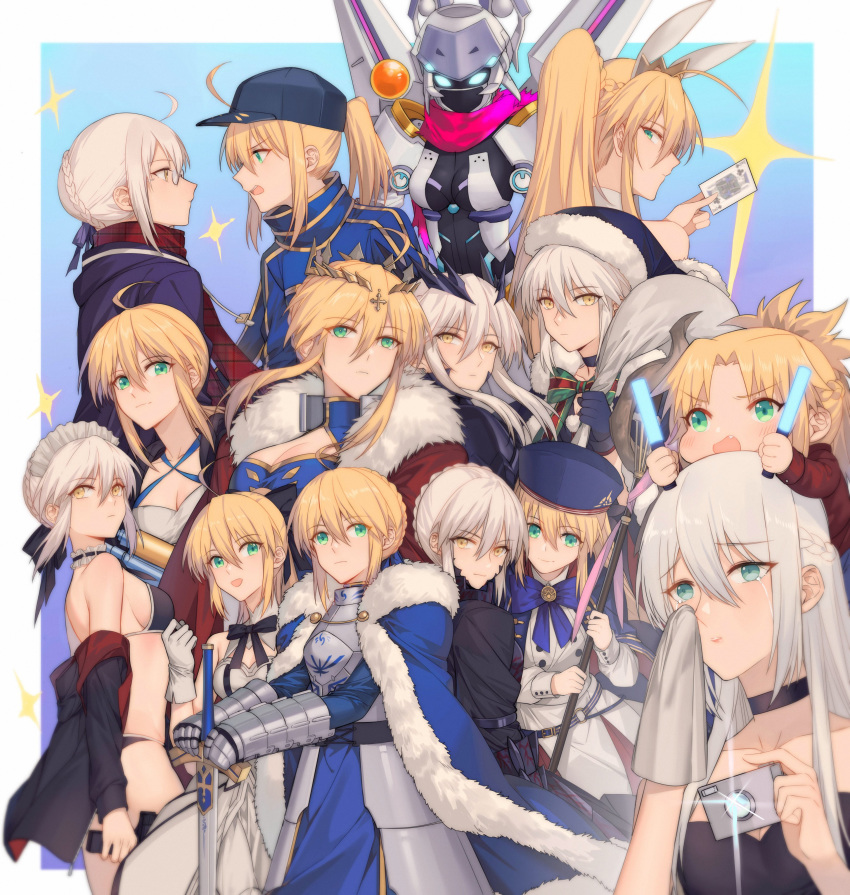 6+girls absurdres ahoge animal_ears armor armored_dress artoria_pendragon_(all) artoria_pendragon_(lancer) artoria_pendragon_(lancer_alter) artoria_pendragon_(swimsuit_ruler)_(fate) bikini black_bikini blonde_hair blue_cape blue_headwear blue_jacket bow braid breasts bunny_ears camera camera_flash cape character_request cleavage cleavage_cutout clothing_cutout crown crown_braid crying crying_with_eyes_open dress eyebrows_visible_through_hair fate/grand_order fate_(series) french_braid fur_collar fur_trim green_eyes hair_bow hat high_ponytail highres holding holding_camera holding_sword holding_weapon jacket maid_headdress mordred_(fate) mordred_(fate)_(all) morgan_le_fay_(fate) multiple_girls mysterious_heroine_x_(alter) mysterious_heroine_xx_(foreigner) red_scarf saber saber_alter saber_lily scarf sideboob sidelocks silver_hair swimsuit sword tears weapon white_dress yellow_eyes yorukun