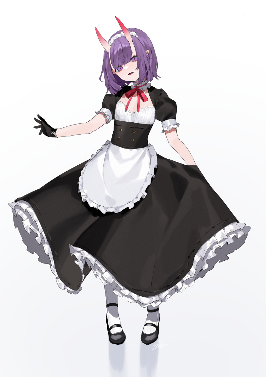 1girl absurdres alternate_costume bebe_pp black_gloves dress enmaided fate/grand_order fate_(series) flat_chest full_body gloves highres horns maid mary_janes oni oni_horns pointy_ears puffy_sleeves purple_eyes purple_hair shoes short_hair shuten_douji_(fate/grand_order) simple_background solo white_background white_legwear