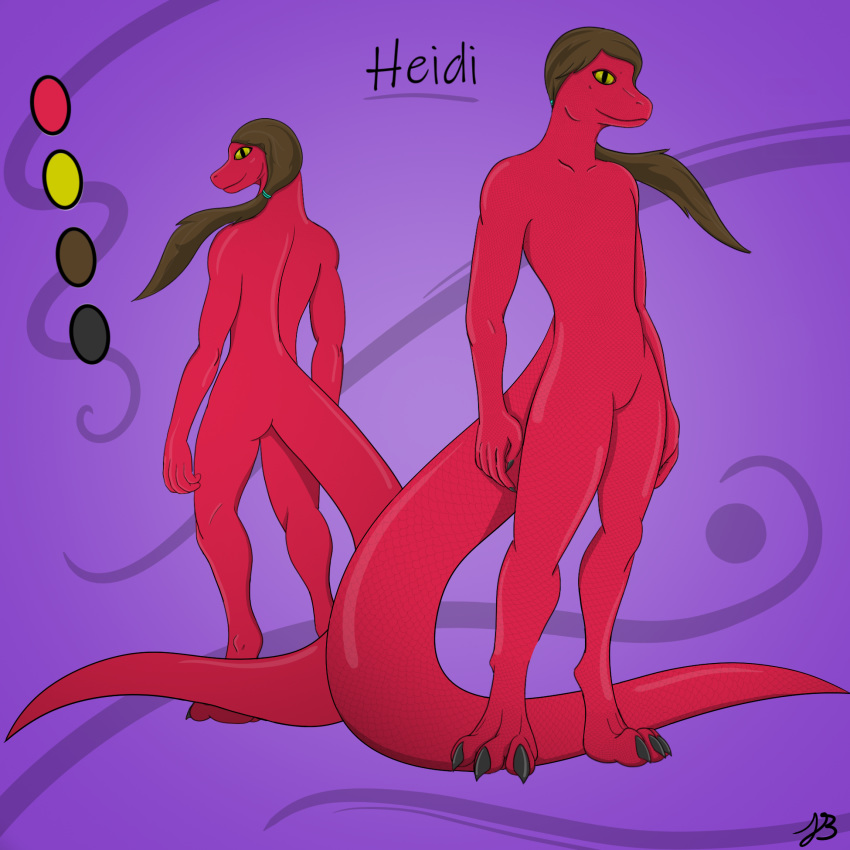 1:1 2020 abstract_background ambiguous_gender anthro bebop1793_(artist) character_name clawed_fingers clawed_toes claws color_swatch detailed digital_drawing_(artwork) digital_media_(artwork) english_text front_view full-length_portrait hair heidi_hunt hi_res model_sheet multiple_poses portrait pose rear_view red_body reptile scales scalie signature simple_background solo text