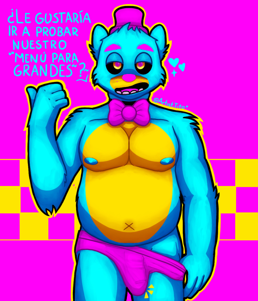&lt;3 2020 4_fingers anthro artisttito blue_body blue_fur blue_nipples bow bulge clothed clothing digital_drawing_(artwork) digital_media_(artwork) erection erection_pushing_underwear erection_under_clothing fingers five_nights_at_freddy's freddy_(fnaf) fur genitals half-closed_eyes hat headgear headwear hi_res humanoid_genitalia humanoid_penis looking_at_viewer male mammal mostly_nude musclegut muscular muscular_anthro muscular_male narrowed_eyes nipples nude open_mouth overweight overweight_anthro overweight_male partially_clothed penis pink_background pink_clothing pink_nose pink_tongue pink_underwear seductive simple_background slightly_chubby smile solo spanish_text standing suggestive text tongue topless translated underwear underwear_down underwear_pull ursid video_games yellow_body yellow_fur