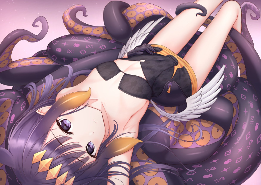 1girl bangs black_gloves breasts dress eyebrows_visible_through_hair frown gloves headgear highres hololive hololive_english lying marinesnow ninomae_ina'nis on_back pointy_ears purple_eyes purple_hair sidelocks small_breasts solo tentacle_hair tentacles virtual_youtuber wings