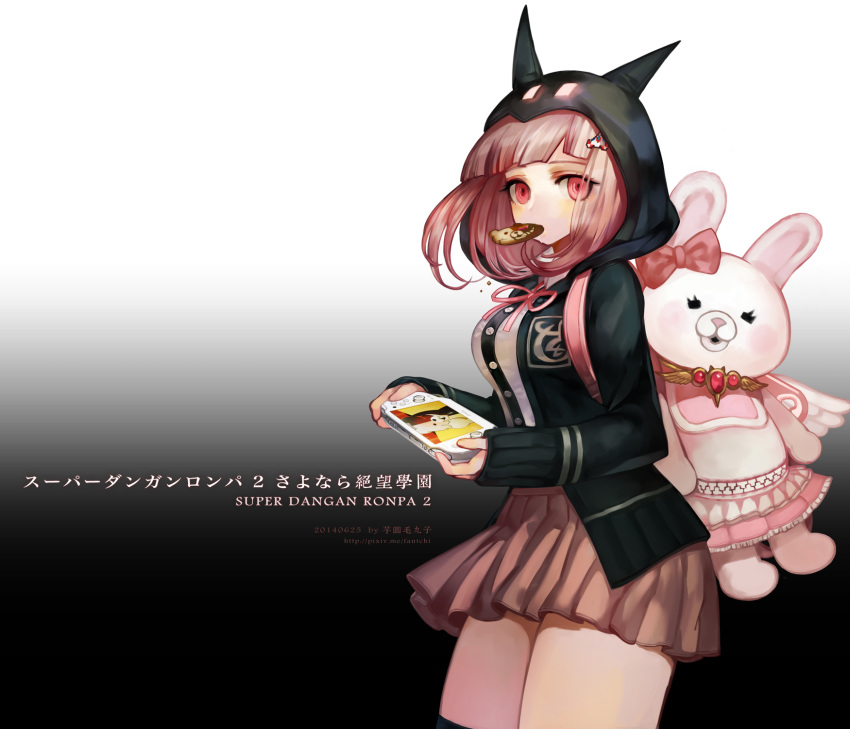 1girl animal_ears bag bangs black_background black_jacket black_legwear blunt_bangs bow breasts brown_skirt commentary_request copyright_name cowboy_shot danganronpa fantchi flipped_hair food food_in_mouth hair_ornament hairclip handheld_game_console highres holding hood hoodie jacket long_hair long_sleeves looking_at_viewer miniskirt monokuma monomi_(danganronpa) mouth_hold multicolored multicolored_background nanami_chiaki pink_bow pink_eyes pink_hair playstation_portable pleated_skirt ribbon shirt short_hair skirt sleeves_past_wrists solo stuffed_animal stuffed_toy super_danganronpa_2 thighhighs thighs translation_request watermark web_address white_background zettai_ryouiki