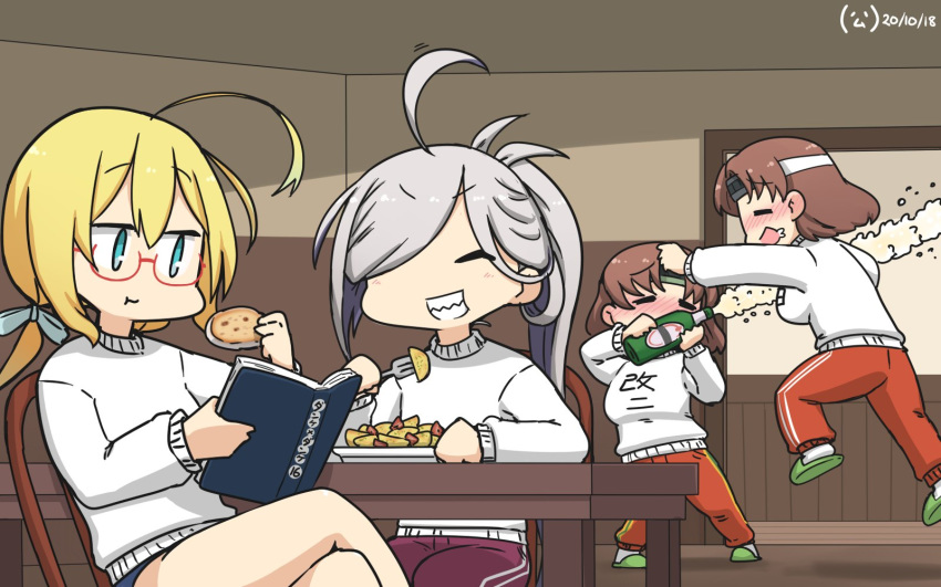 4girls ahoge alcohol alternate_costume asashimo_(kantai_collection) beer blonde_hair blue_eyes book breasts brown_hair chiyoda_(kantai_collection) closed_eyes clothes_removed commentary_request cookie dated drunk dual_persona eating food glasses grin hair_over_one_eye hamu_koutarou hat headband highres i-8_(kantai_collection) kantai_collection large_breasts long_hair low_twintails multiple_girls pants ponytail reading red-framed_eyewear red_pants sailor_hat school_swimsuit semi-rimless_eyewear sharp_teeth short_hair silver_hair smile sweater swimsuit swimsuit_under_clothes table teeth thighhighs track_pants translation_request twintails under-rim_eyewear white_sweater