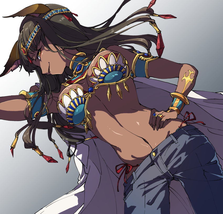 1girl animal_ears black_hair cat_ears ciconia_no_naku_koro_ni cuffs dark_skin denim dutch_angle egyptian egyptian_mythology g-string hand_on_hip headband highres jeans jewelry long_hair looking_at_viewer pants prgdmk ring seshat simple_background solo thong white_background yellow_eyes