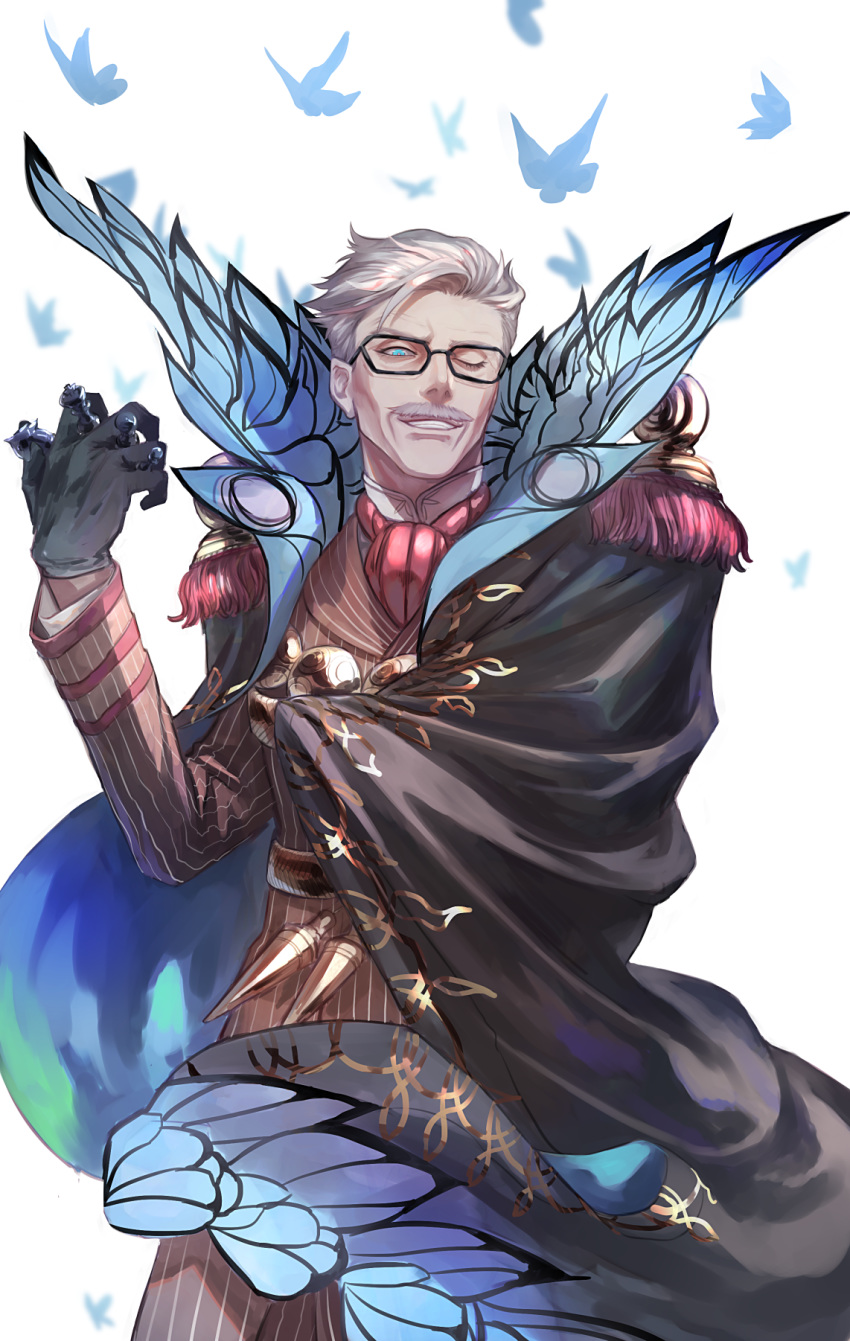 1boy black_gloves blue_eyes bug butterfly cape cowboy_shot epaulettes facial_hair fate/grand_order fate_(series) formal glasses gloves grey_hair high_collar highres insect james_moriarty_(fate/grand_order) kuroda_matsurika long_sleeves looking_at_viewer male_focus mustache one_eye_closed short_hair smile vest