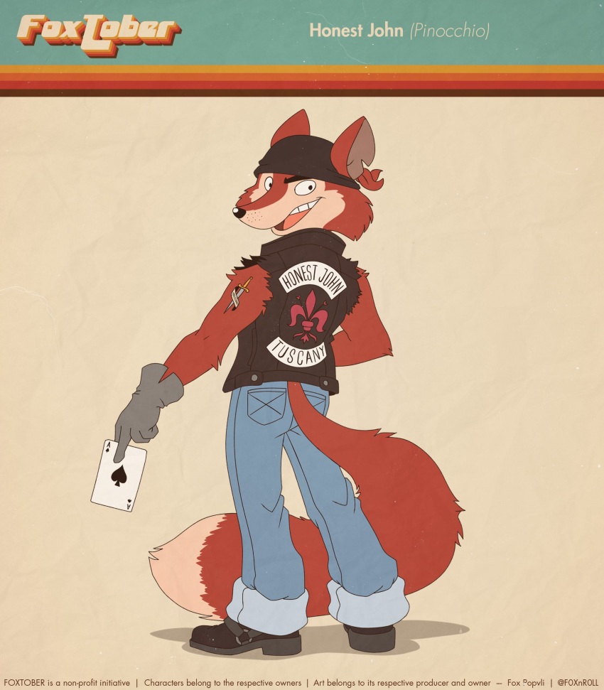 "honest"_john_foulfellow 2020 5_fingers absurd_res ace_of_spades anthro bandanna biker_jacket bottomwear canid canine card clothed clothing countershade_face countershading denim denim_clothing disney english_text fingers fleur-de-lis fox fox-pop fur gloves grin handwear headgear headwear hi_res holding_card holding_object jacket jeans kerchief leather leather_jacket looking_at_viewer looking_back male mammal multicolored_body multicolored_fur notched_ear pants pinocchio playing_card rear_view red_body red_fur shoulder_tattoo sleeveless sleeveless_shirt smile solo tattoo teeth text text_on_clothing text_on_topwear topwear torn_clothing two_tone_body two_tone_fur white_body white_fur