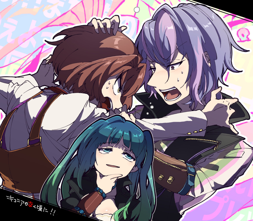 1girl 2boys angry bra breasts brown_hair chin_stroking ciconia_no_naku_koro_ni cleavage commentary_request fighting green_eyes green_hair gunhild_gustafsson harness highres jayden_(ciconia) mitake_miyao multiple_boys open_mouth prgdmk purple_eyes purple_hair sweatdrop thinking underwear yellow_eyes