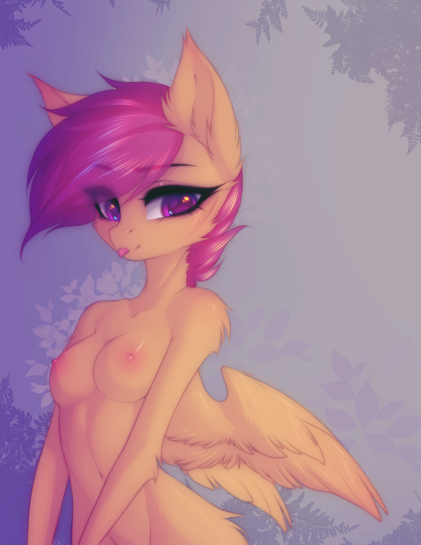 2020 absurd_res aged_up anthro breasts equid equine eyebrows eyelashes female friendship_is_magic fur hasbro hi_res looking_at_viewer mammal my_little_pony nipples nude nupples pegasus purple_eyes scootaloo_(mlp) solo tomness tongue tongue_out wings