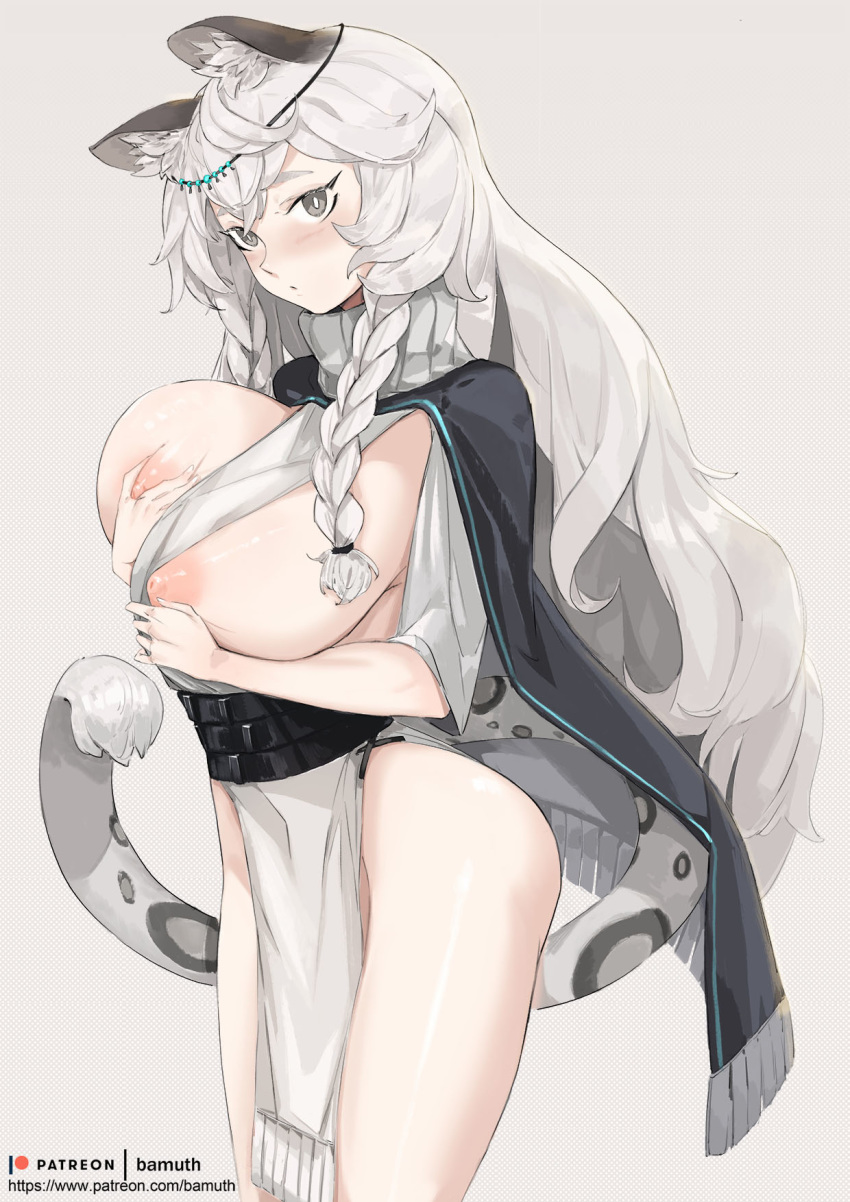 5_fingers animal_humanoid areola arknights bamuth belt big_breasts biped blush braided_hair breasts butt cloak clothed clothing curvy_figure exposed_breasts felid felid_humanoid female fingers fur glistening glistening_body glistening_breasts glistening_skin grey_background grey_body grey_eyes grey_fur hair hand_on_breast hi_res holding_breast huge_breasts humanoid humanoid_hands inner_ear_fluff jewelry light_skin long_hair looking_at_viewer mammal mammal_humanoid monotone_hair nipples pantherine pantherine_humanoid partially_clothed patreon pink_areola pink_nipples portrait pramanix_(arknights) side_view simple_background small_waist snow_leopard_humanoid solo spots spotted_body spotted_fur standing tabard three-quarter_portrait tuft white_hair