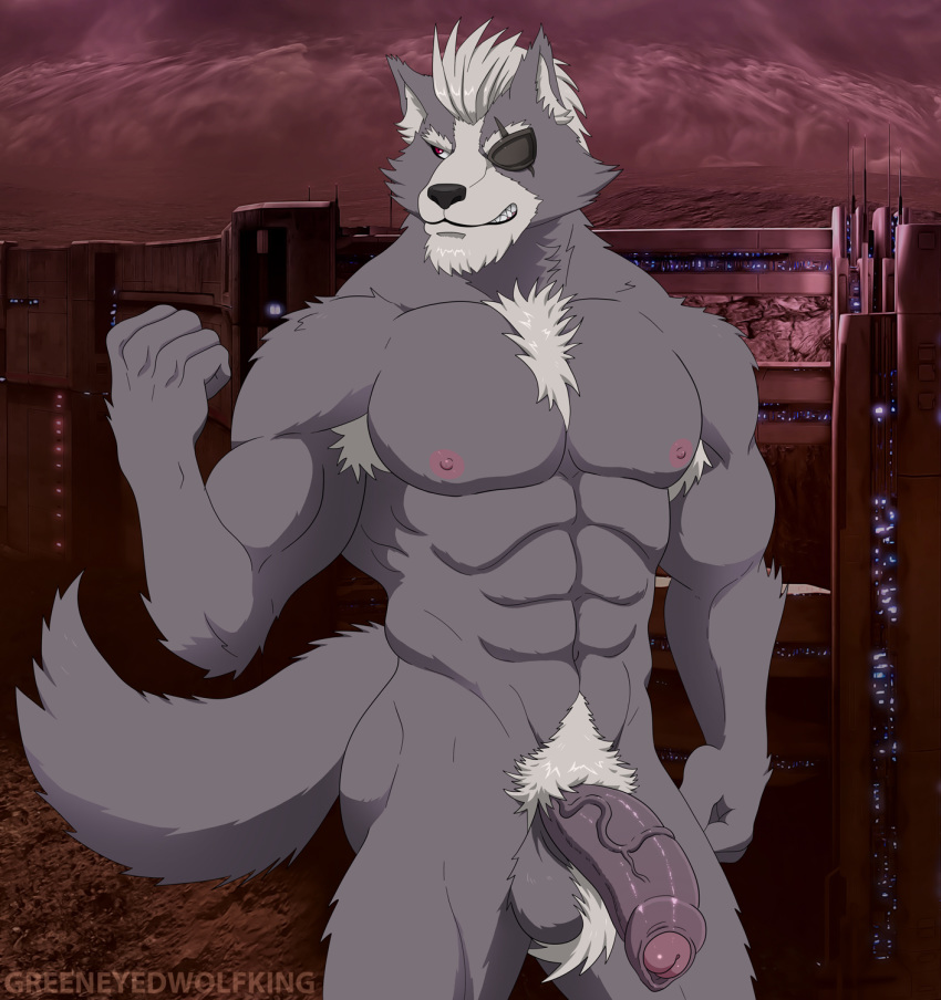 abs alternate_version_at_source anthro armpit_hair ball_tuft balls body_hair canid canine canis chest_hair eye_patch eyewear foreskin fur genitals greeneyedwolfking grey_body grey_fur hi_res humanoid_genitalia humanoid_penis male mammal muscular muscular_anthro muscular_male nintendo nipples nude pecs penis pubes red_eyes solo star_fox teeth tuft uncut vein video_games wolf wolf_o'donnell