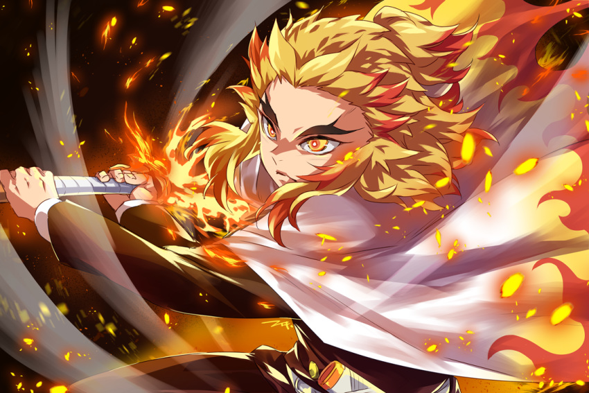 1boy black_jacket black_pants blonde_hair cape closed_mouth commentary_request ech eyebrows fire flaming_sword flaming_weapon forehead holding holding_sword holding_weapon jacket katana kimetsu_no_yaiba long_sleeves male_focus multicolored_hair pants red_hair rengoku_kyoujurou sheath solo sword two-handed two-tone_hair unsheathed v-shaped_eyebrows weapon white_cape yellow_eyes