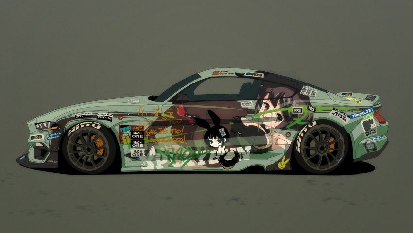 2girls black_hair brown_eyes brown_hair car ford ford_mustang grey_background ground_vehicle highres itasha motor_vehicle multiple_girls no_humans original playboy_bunny rikona vehicle_focus