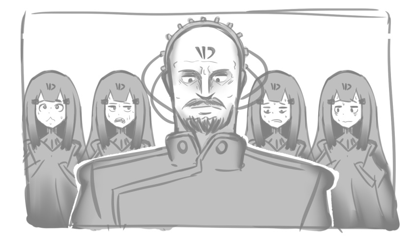 1boy 4girls bald beard black_hair command_and_conquer command_and_conquer:_red_alert_2 crossover english_commentary facial_hair girls_frontline headgear military military_uniform multiple_girls mustache nyto_obelisk_(girls_frontline) paradeus scared serjatronic sweat uniform yuri_(c&amp;c)