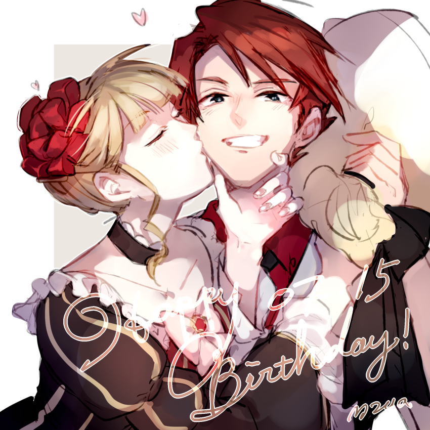 1boy 1girl beatrice_(umineko) black_neckwear blonde_hair blue_eyes braid braided_bun cheek_kiss choker collarbone dress earrings flower formal frilled_choker frilled_dress frills hair_flower hair_ornament highres jewelry kiss red_hair sofy suit umineko_no_naku_koro_ni ushiromiya_battler