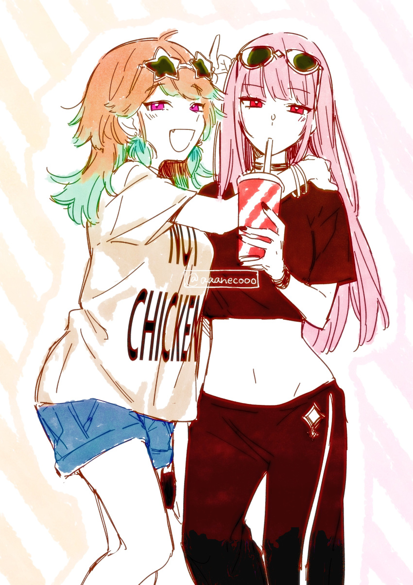 2girls aaanecooo absurdres ahoge alternate_costume casual commentary drinking drinking_straw drinking_straw_in_mouth eyebrows_visible_through_hair half-closed_eyes hand_on_another's_shoulder highres hololive midriff mori_calliope multicolored_hair multiple_girls pink_hair purple_eyes red_eyes red_hair shorts simple_background smile sunglasses takanashi_kiara tsurime two-tone_hair yuri