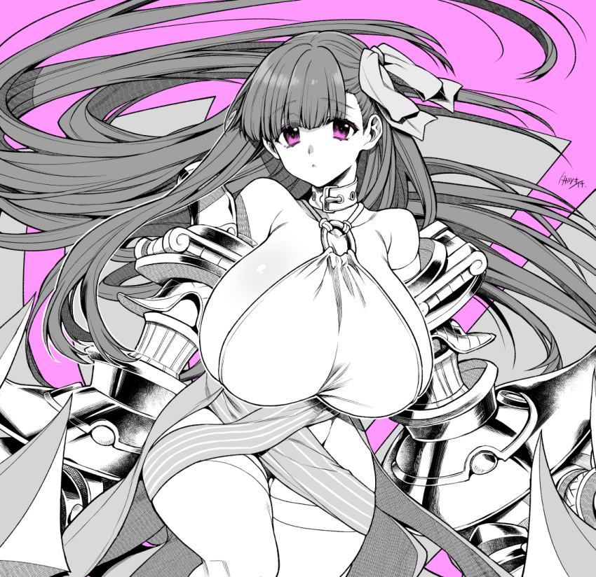 1girl bangs bare_shoulders breasts claws collar eyebrows_visible_through_hair fate/extra fate/extra_ccc fate_(series) hair_ribbon large_breasts looking_at_viewer passionlip purple_background purple_eyes ribbon simple_background solo takatsuki_ichi thighhighs