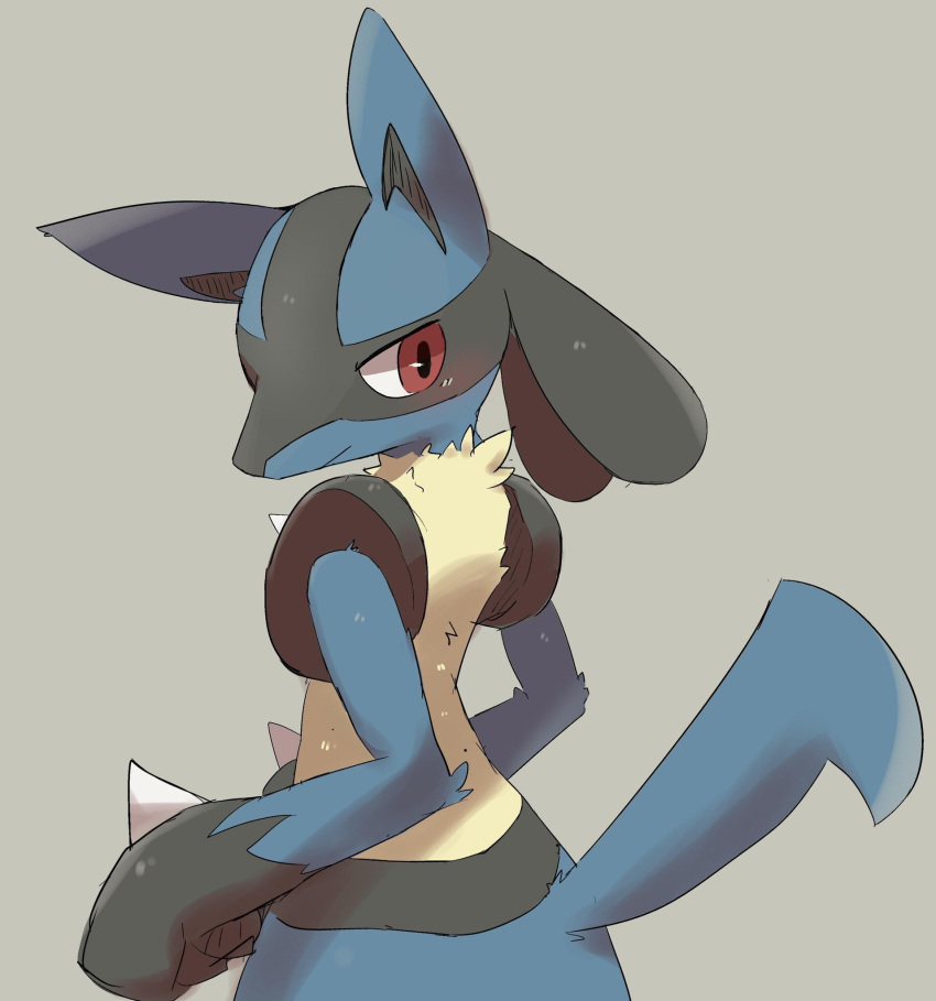 2019 ambiguous_gender anthro blue_body dipstick_limbs dorobo_39 fur hi_res looking_back lucario nintendo pok&eacute;mon pok&eacute;mon_(species) red_eyes simple_background solo spikes video_games