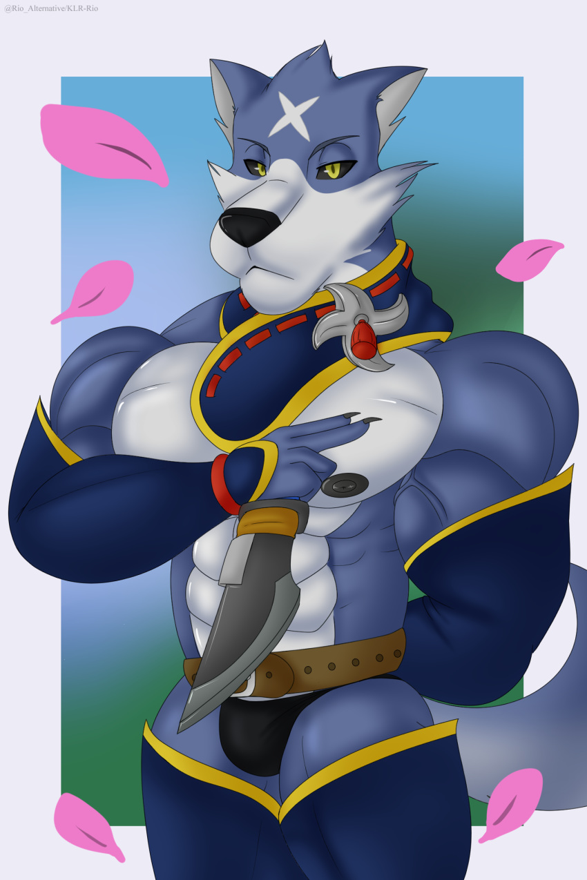 2020 abs anthro armwear belt blue_body blue_fur bulge canid canine canis canyne capcom clothed clothing digital_media_(artwork) flower_petals fur hi_res klr-rio knife legwear looking_at_viewer male mammal monster_hunter monster_hunter_rise muscular muscular_anthro muscular_male nipples palamute petals scarf solo underwear vein video_games wolf