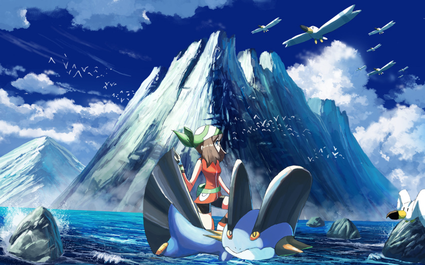 1girl bike_shorts bird black_legwear brown_hair cloud commentary_request day gen_3_pokemon gloves green_bandana long_hair looking_to_the_side may_(pokemon) outdoors pokemon pokemon_(creature) pokemon_(game) pokemon_emerald pokemon_rse riding_pokemon rowdon sky sleeveless socks swampert water wingull wristband