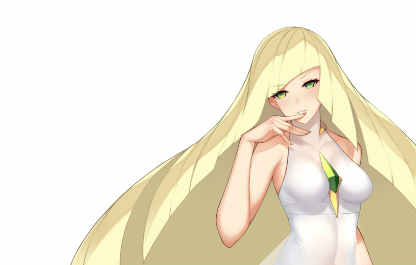1girl bare_arms blonde_hair breasts collarbone commentary_request dean diamond_(shape) dress emerald_(gemstone) eyebrows_visible_through_hair eyelashes green_eyes hand_up light_smile long_hair lusamine_(pokemon) parted_lips pokemon pokemon_(game) pokemon_sm sleeveless sleeveless_dress solo upper_body white_background white_dress
