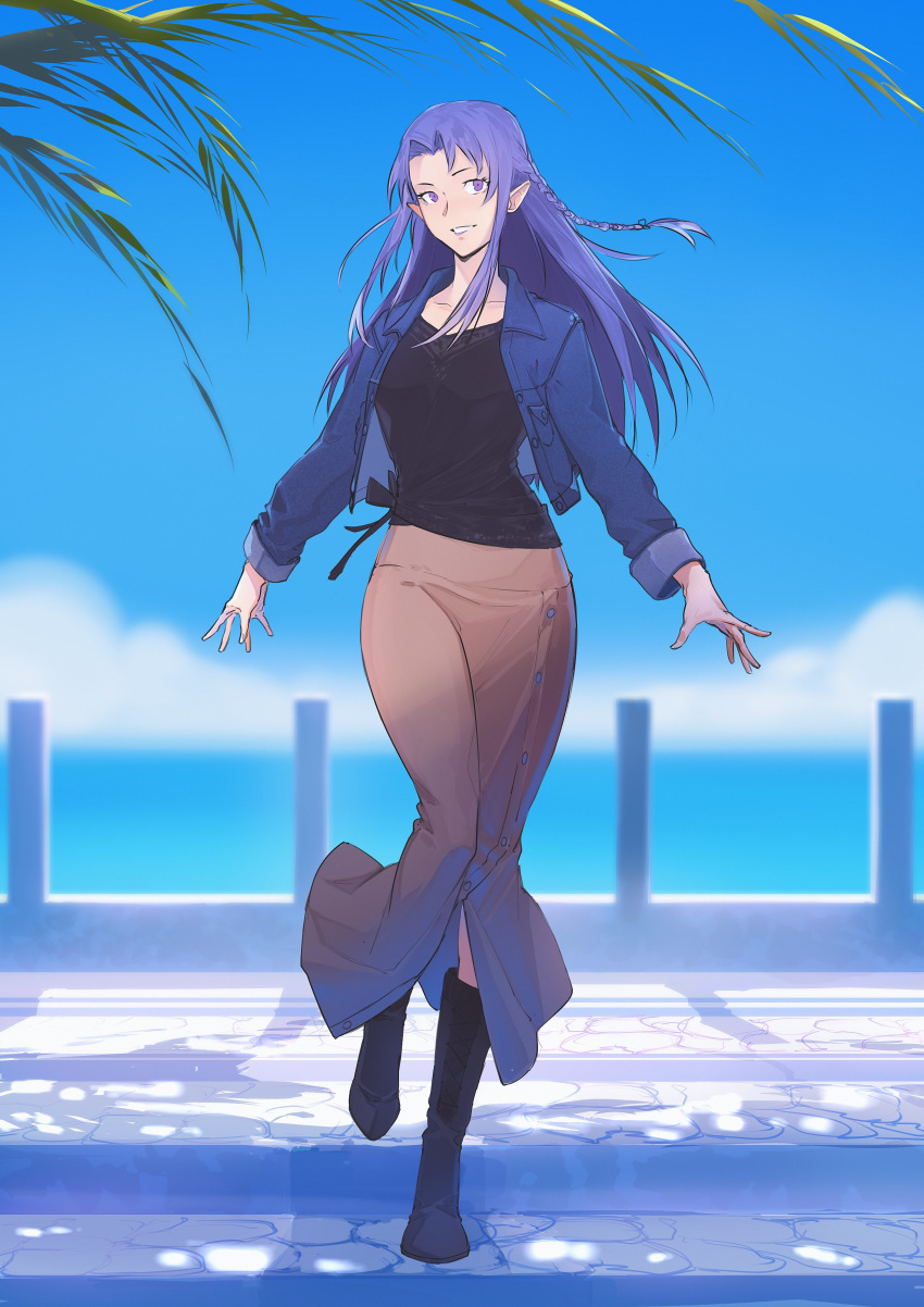 1girl absurdres alternate_costume blue_jacket boots braid caster casual cloud commission fate/grand_order fate_(series) highres horizon jacket long_hair looking_at_viewer palm_tree pier pointy_ears purple_eyes purple_hair second-party_source side_braid skirt solkorra stairs standing standing_on_one_leg tree