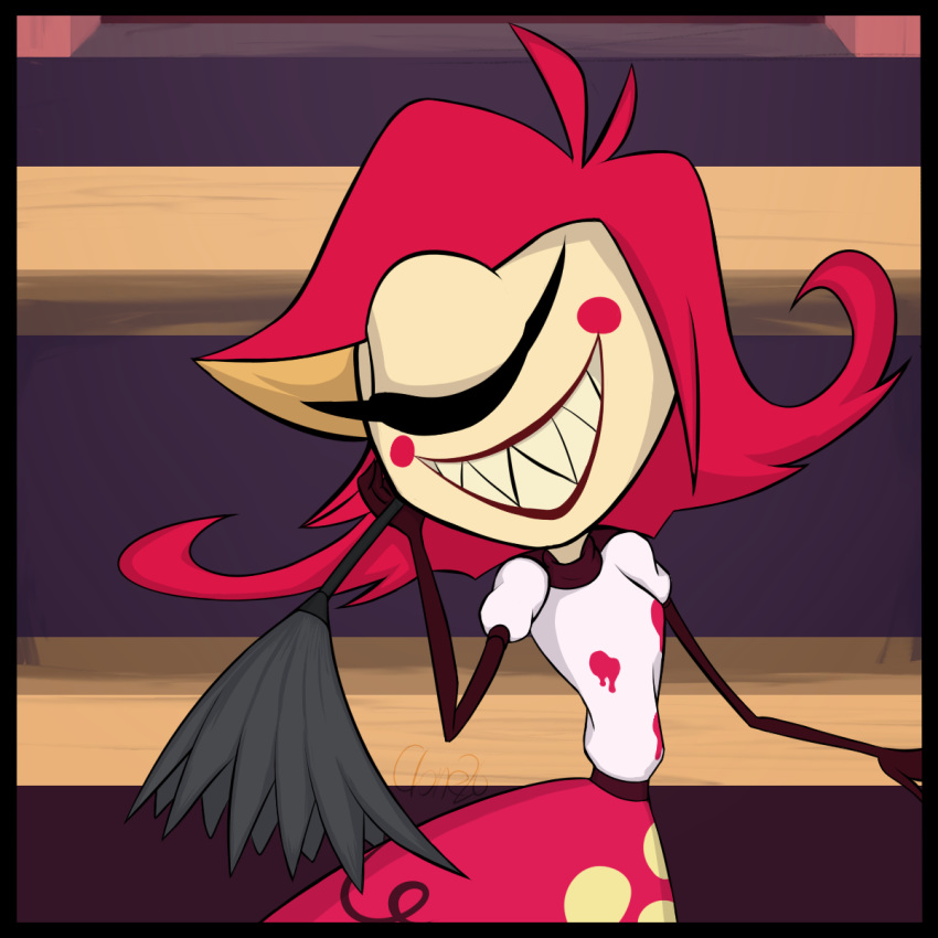 1_eye black_border border bottomwear clone26 clothing cyclops demon eyes_closed feather_duster female hair hazbin_hotel hi_res humanoid niffty_(hazbin_hotel) red_hair sharp_teeth skirt smile solo teeth