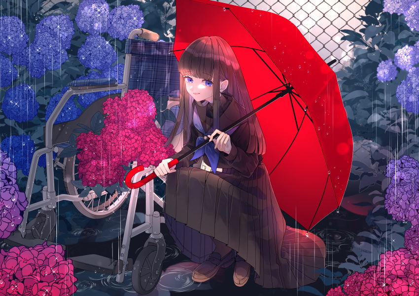 1girl absurdres black_dress black_hair black_serafuku brown_footwear chilcy35 dress fence flower highres huge_filesize hydrangea light_smile long_hair original outdoors penny_loafers puddle purple_eyes rain red_umbrella ripples school_uniform serafuku squatting umbrella wheelchair