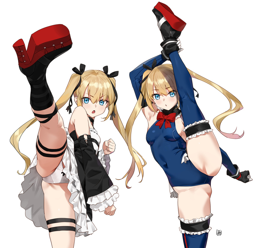 2girls bangs bare_shoulders black_ribbon blonde_hair blue_eyes blue_legwear blue_leotard blush breasts dead_or_alive dead_or_alive_5 dress dual_persona frilled_leotard frills hair_ornament hair_ribbon kicking legs leotard long_hair looking_at_viewer marie_rose multiple_girls open_mouth ribbon small_breasts thighs twintails x_hair_ornament yd_(orange_maru)