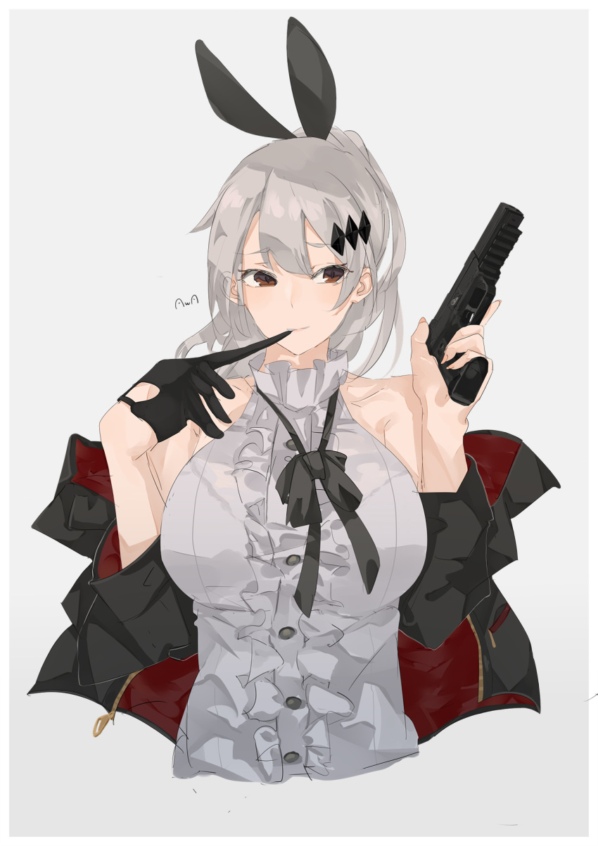 1girl animal_ears artist_name bare_shoulders barrette black_gloves black_neckwear bow bowtie breasts brown_eyes bunny_ears bunny_hair_ornament closed_mouth eyebrows_visible_through_hair finger_to_mouth five-seven_(girls_frontline) five-seven_(gun) girls_frontline gloves gloves_removed grey_background gun hair_ornament handgun highres holding holding_gun holding_weapon jacket large_breasts long_hair looking_at_viewer shirt silver_hair single_glove solo sutekina_awa weapon white_shirt