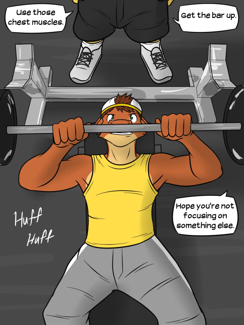 anthro backwards_baseball_cap barbell baseball_cap bottomwear bovid bovine cattle clothed clothing comic dialogue duo english_text exercise felid fully_clothed fuze hat headgear headwear hi_res lion male mammal pantherine roy_(fuze) shirt shorts tank_top texnatsu text topwear ty_conrad weightlifting workout
