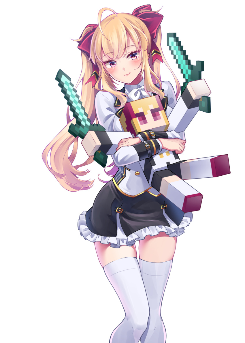 1girl ahoge blonde_hair blush bow commentary_request diamond_sword dual_wielding eyebrows_visible_through_hair feet_out_of_frame hair_between_eyes hair_bow hakkaku_shikimi highres holding holding_sword holding_weapon long_hair long_sleeves looking_at_viewer minecraft miniskirt nijisanji school_uniform simple_background skirt smile solo standing sword takamiya_rion thighhighs twintails virtual_youtuber weapon white_background zettai_ryouiki
