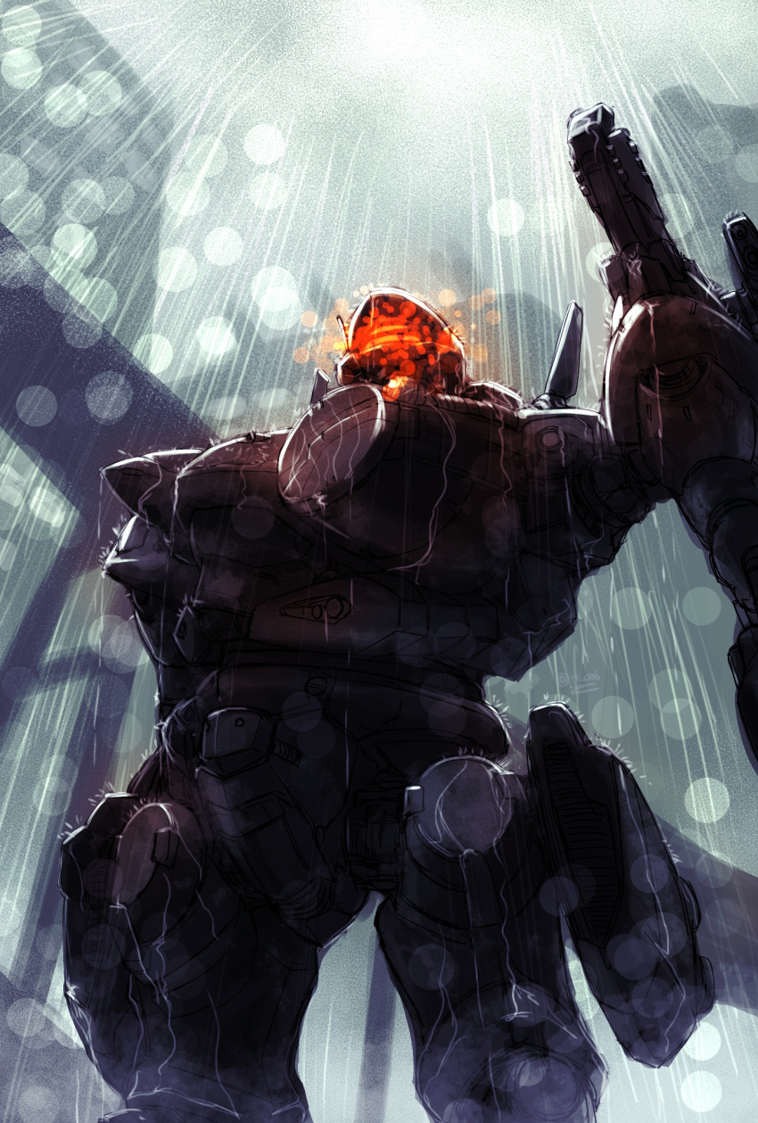 armored_core armored_core:_nexus from_below glowing highres looking_up mecha mecha_request no_humans oberon826 rain science_fiction solo standing visor