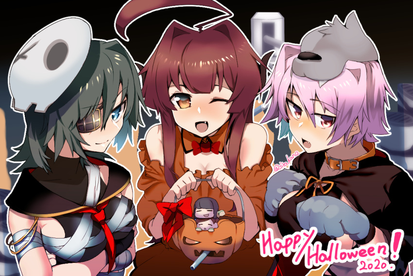 3girls ahoge alternate_costume breasts brown_eyes brown_hair eyepatch green_hair hair_intakes halloween_costume huge_ahoge kantai_collection kiso_(kantai_collection) kitakami_(kantai_collection) kuma_(kantai_collection) long_hair mask mask_on_head medium_breasts multiple_girls one_eye_closed ooi_(kantai_collection) pink_hair red_eyes short_hair sirakane_(tigo5115) skull_mask tama_(kantai_collection)