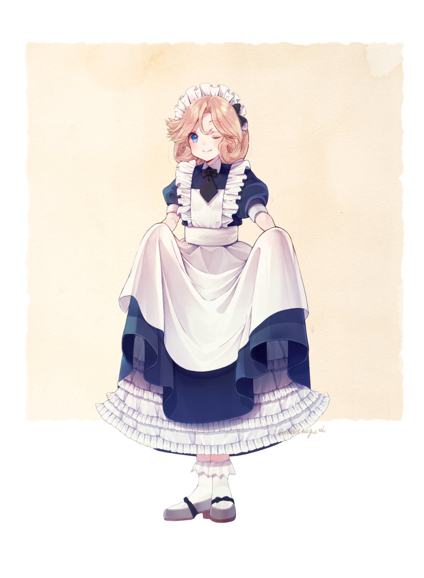 1girl alternate_costume apron black_neckwear blonde_hair bloomers blue_dress blue_eyes dress enmaided frilled_apron frills full_body highres janus_(kantai_collection) kantai_collection looking_at_viewer maid maid_headdress mary_janes megu_usagi necktie one_eye_closed sailor_dress shoes short_hair skirt_hold smile socks solo standing twitter_username underskirt underwear white_apron white_legwear