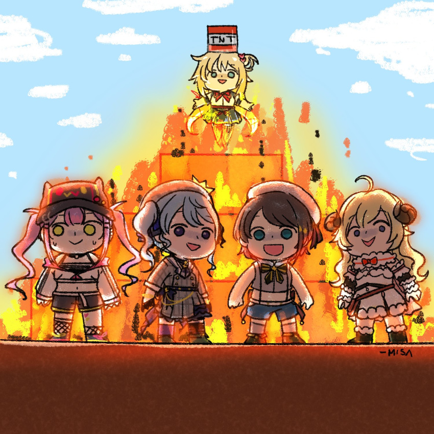 0w0 5girls :d ahoge akai_haato animal_ears artist_name backlighting bag belt beret bibi_(tokoyami_towa) black_hair black_shorts blonde_hair blue_eyes blue_hair blue_shorts blue_sky bow bowtie brown_belt burning cape chibi cloud commentary_request cropped_jacket crown day demon_girl dress fire fishnet_legwear fishnets full_body fur-trimmed_cape fur-trimmed_dress fur_trim green_eyes grey_dress hat highres hololive horns hoshimachi_suisei long_hair minecraft mini_crown multiple_girls official_alternate_costume oozora_subaru open_mouth outdoors outstretched_arms plaid plaid_dress purple_hair red_bow red_neckwear ringlets sheep_ears sheep_girl sheep_horns short_hair shorts side_ponytail signature sky smile smoke standing suspender_shorts suspenders tnt tokoyami_towa tsunomaki_watame turn_pale twintails virtual_youtuber wakatsuki_misato white_dress